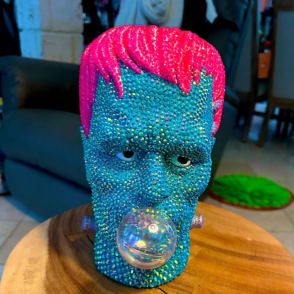 Blinged out Frankenstein head. Over 120 hours of detail rhinestone work.